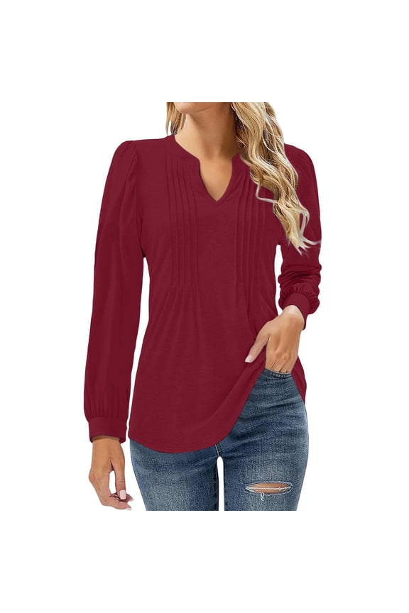 Casual Shirts for Women, Yigetop Womens V Neck Tops Puff Long Sleeve T Shirt Pleated Printed Blouse Shirts Women Blouses Long Sleeve Wine L