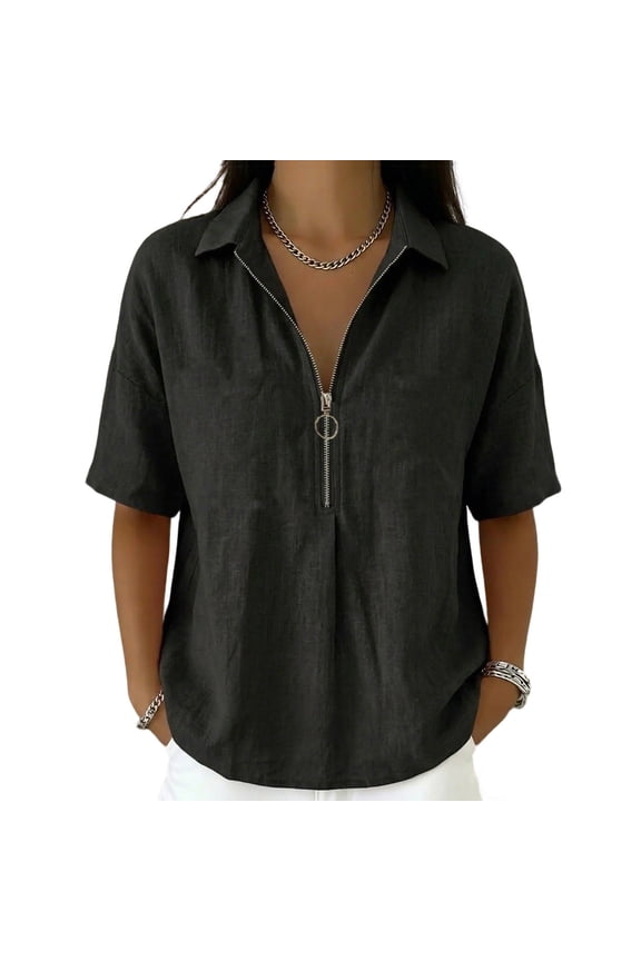 Casual Shirts for Womens Short Sleeve Solid Blend Zip Front Collared Womens Activities Shirt,Black.M