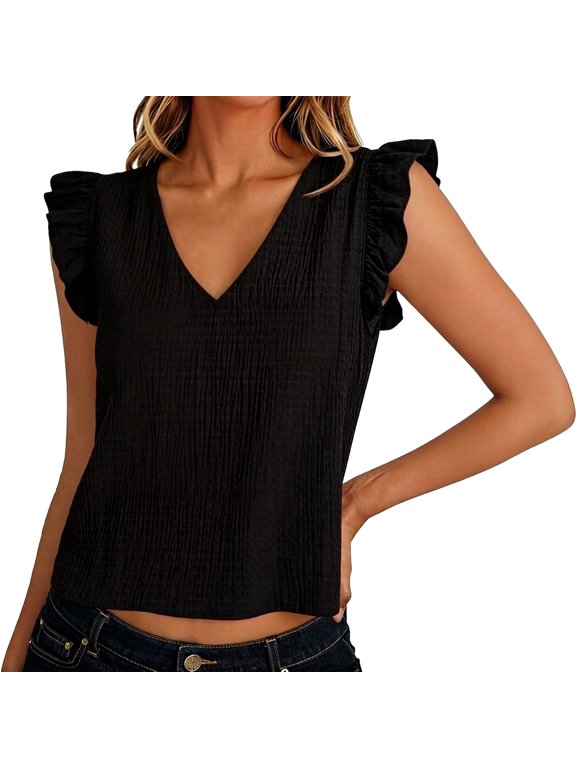 Casual Shirts for Womens V Neck Flutter Sleeves Soft Basic Petite Tops for Women,Black.2XL