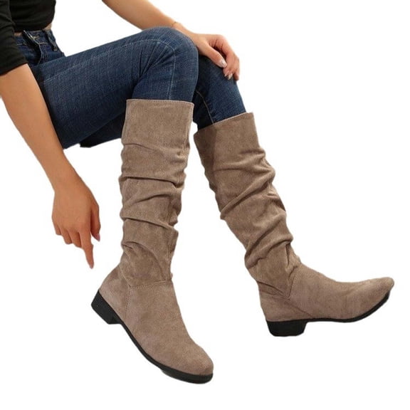 Casual Shoes for Women Mid Calf Boots Knight Boots Suede Pleated Pile Flat Boots Knee High Boots Fall Shoes Fashion Casual Solid Color Shoes Cozy Mid-Calf Boots Women's Pull On Fall Boots