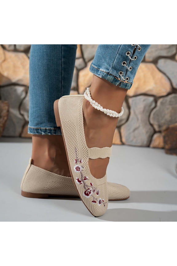 Casual Shoes for Women Lightweight Knit Mesh Embroidered Slip On Shoes For Casual Round Toe Flat Sneakers For Everyday Wear,White,CN:41(US:8.5)