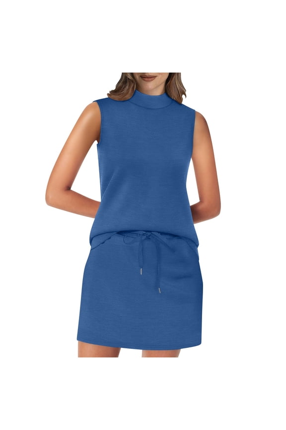 Casual Short Sets for Women Save Big Skirt Sets for Women Two Piece Summer Beach Vacation Outfits Sleeveless Mock Neck Tank Tops Drawstring Elastic Waist Tennis Skirt Matching Sets New Blue L