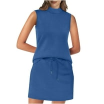 Casual Short Sets for Women Save Big Skirt Sets for Women Two Piece Summer Beach Vacation Outfits Sleeveless Mock Neck Tank Tops Drawstring Elastic Waist Tennis Skirt Matching Sets New Blue L
