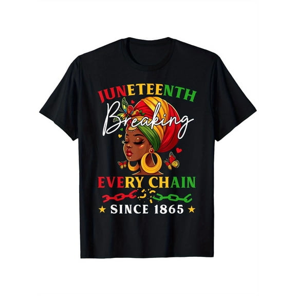 Casual Short Sleeve With African American Heritage Print - "breaking Every Chain Since 1865" Design, Afro & Stars Graphic, Regular Fit S-xxxl, Machine Washable Black