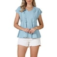 thumbnail image 1 of Casual Short Sleeve Basic Tops V Neck Blouse Casual Linen Loose Fit Peplum Tops S Blue, 1 of 6
