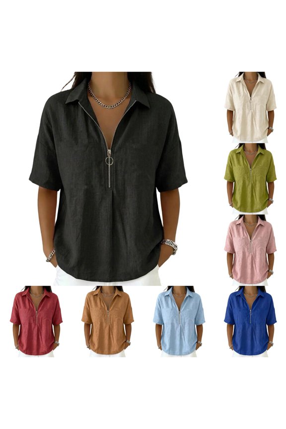 Casual Short Sleeve Blouse with Zip Front Collared Tee for Summer Lightweight Fashion Pullover Women’s T-Shirts Top