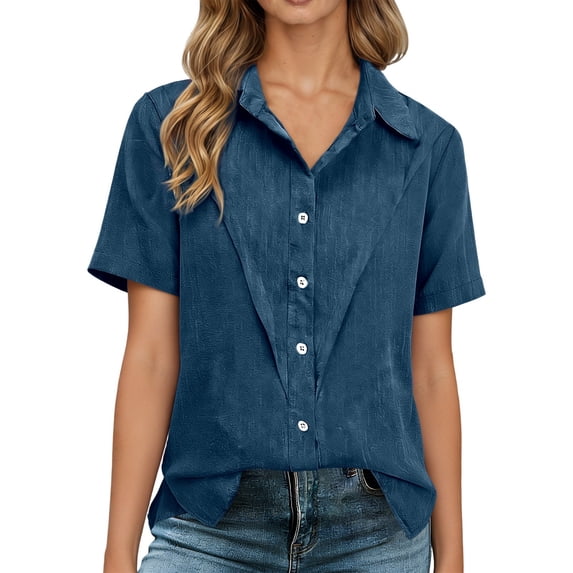 Casual Short Sleeve Button Down Shirt Solid Color Lapel Collar Blouse With Stylish Design