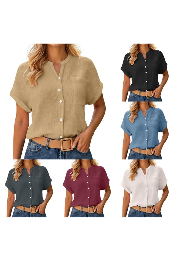 Casual Short Sleeve Button Down Shirt Comfortable Solid Color Blouse for Everyday Wear Lightweight Breathable Light Weight Cardigan Women Open Neck Sweater Long Sweaters for Sweaters Stylish