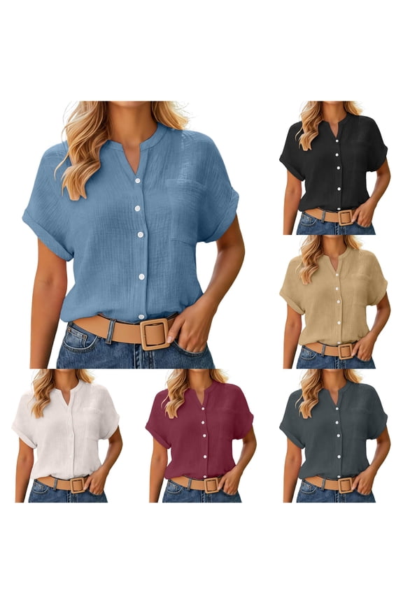 Casual Short Sleeve Button Down Shirt Comfortable Solid Color Blouse for Everyday Wear Lightweight Breathable Light Weight Cardigan Women Open Neck Sweater Long Sweaters for Sweaters Stylish