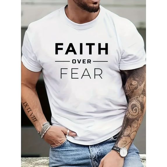 Casual Short Sleeve Crew Neck Faith Over Fear Print T-shirt - Men's Summer Outdoor Clothing