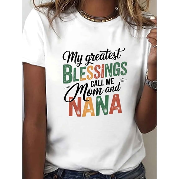 Casual Short-Sleeve Crew Neck T-Shirt for Women, Featuring a 'Blessings Mom' Print, Perfect for Spring And Summer