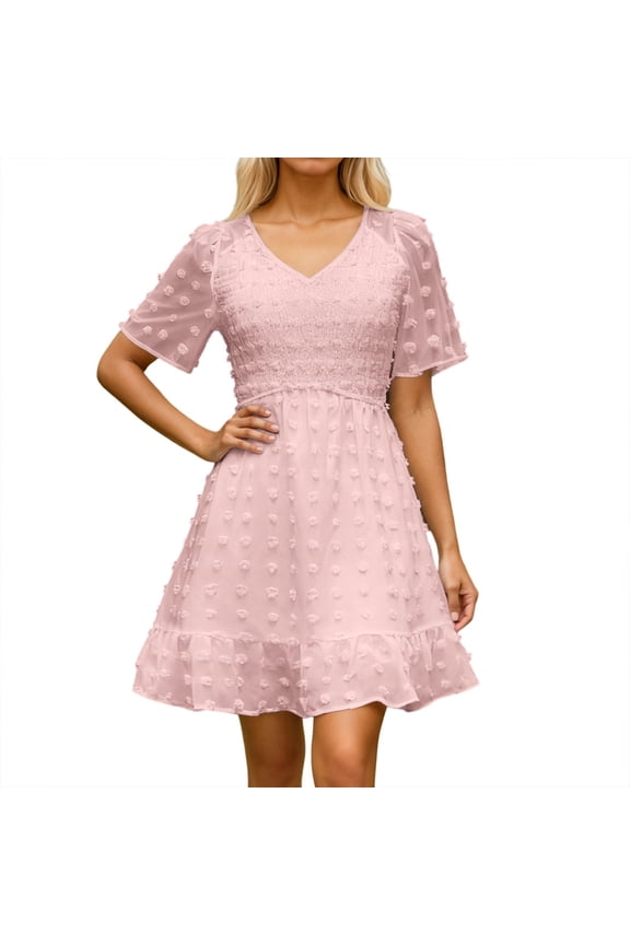 Casual Short Sleeve Dress Summer V Neck Flowy Chiffon Slim Fit Midi Length Comfortable Daily Wear Fashion Women Elegant Party Dress Sexy Easter Easter St. Patrick's Day Ladies Dress Pink M