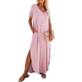 thumbnail image 1 of Casual Short Sleeve Maxi Dress - Pink V-Neck T-shirt Dress, 1 of 12