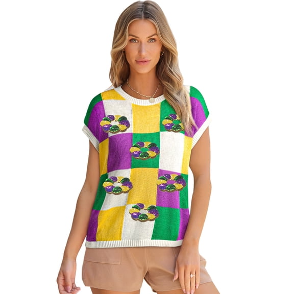 Casual Short Sleeve Sweater with Checkered Pattern and Sequins - Comfortable Everyday Wear | [ZhiHiMeRi] | (US 8-10)M