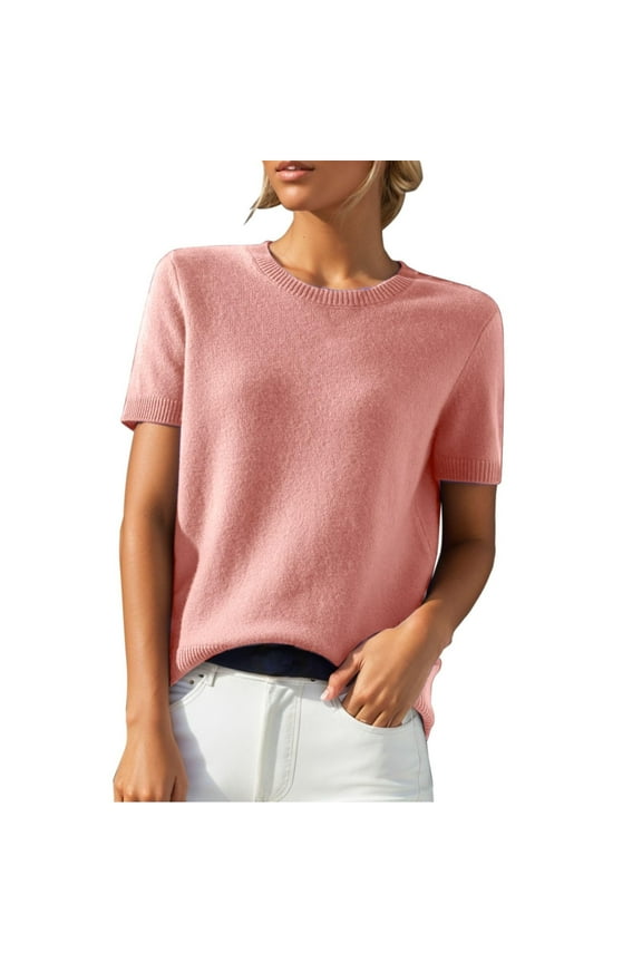Casual Short Sleeve Sweaters for Women Crewneck Knitting Shirts Wool Blend Basic Pullover 2025 Fall Fashion Workwear Trendy Business Outfits Comfy Work Blouses Clothing Garments