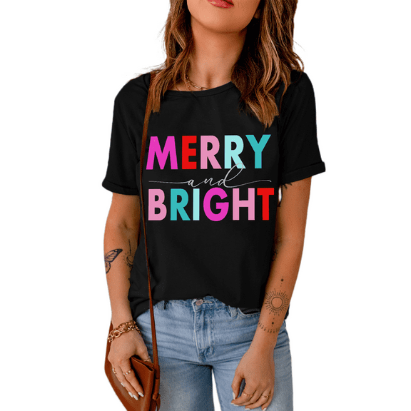Casual Short Sleeve T-Shirt: Black with MERRY and BRIGHT Print - [ZhiHiMeRi] | (US 8-10)M,Black
