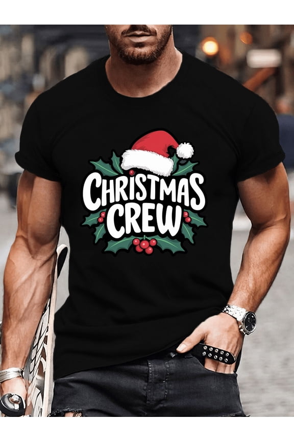 Casual Short-Sleeve T-Shirt for Plus-Size Men Featuring a Festive Santa Christmas Crew Graphic, Perfect for Summer Wear And Daily Activities for Big And Tall Individuals, Plus Size