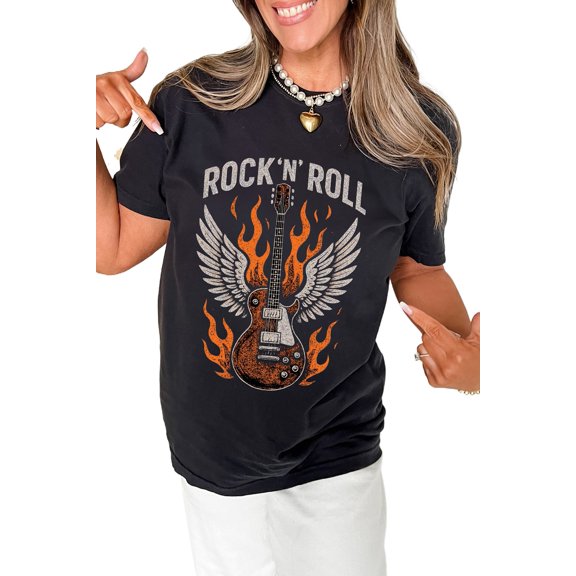 Casual Short Sleeve T-Shirt for Women - Burning Guitar with Wings Design | [ZhiHiMeRi] | (US24-26)3XL