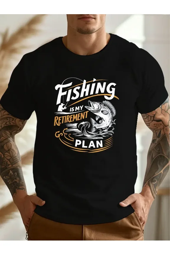 Casual Short-Sleeve T-Shirts for Plus-Size Men, Featuring Fishing Retirement Graphics, Perfect for Casual Attire for Big And Tall Individuals, Plus Size