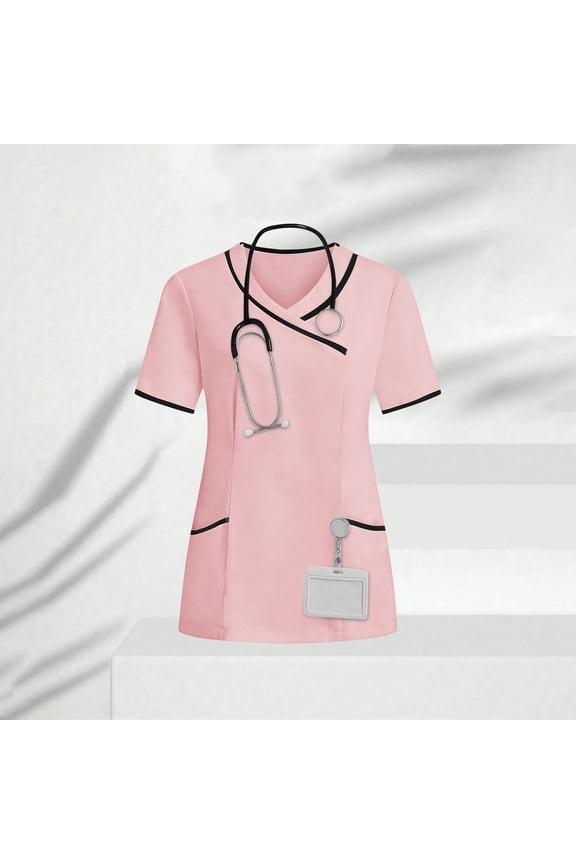 Casual Short Sleeve Tops New Women's Nurses Tunic Uniform Clinic Carer V-Neck Protective Clothing Style B-45 Pinky S