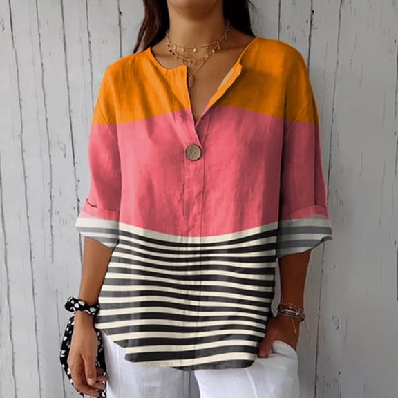 Casual Short Sleeve V Neck Button Down Tops, With Pocket, Loose Fit Blouse, Daily Wear, Polyester Spandex, Red 2XL, Size S-XXXL