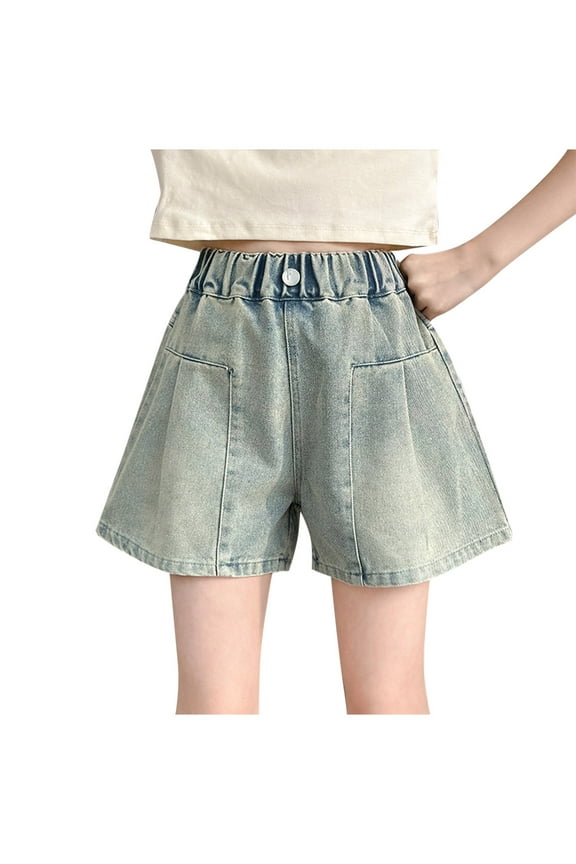 Casual Shorts for Teen Girls New Jean Shorts for Teen Girls Elastic High Waist Wide Leg Cute Summer Denim Shorts Pull on Short Pants with Pocket Light Blue 7 Years