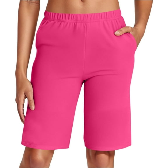 Casual Shorts Women Basic Solid Casual Shorts Stretch Waist Elastic Waistband With Pockets Womens Shorts Hot Pink XL