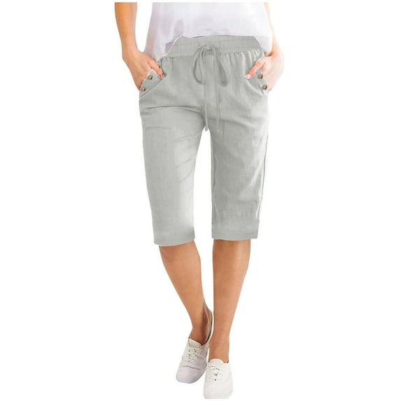 Casual Shorts for Women Bovxnpu Women's 10" Inseam Drawstring Linen Short,Fashion Womens Casual Solid Color Waist Elastic Loose Half Shorts Pants With Pocket