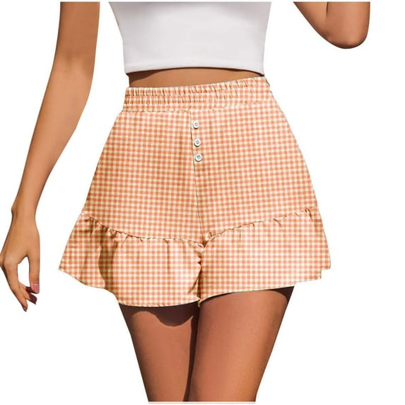 Casual Shorts for Women Elastic Waist New Womens Shorts Summer Casual Ruffle Trendy Button High Waisted Skorts Mini Comfy Plaid Short Pants Orange L