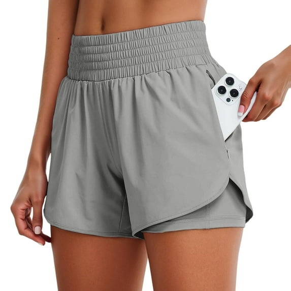 Casual Shorts for Women, Running Shorts for Women,Women's High Waisted Athletic Shorts Flowy Ruffle Skirt Front Workout Tennis Running with Zip Pocket Pure Color