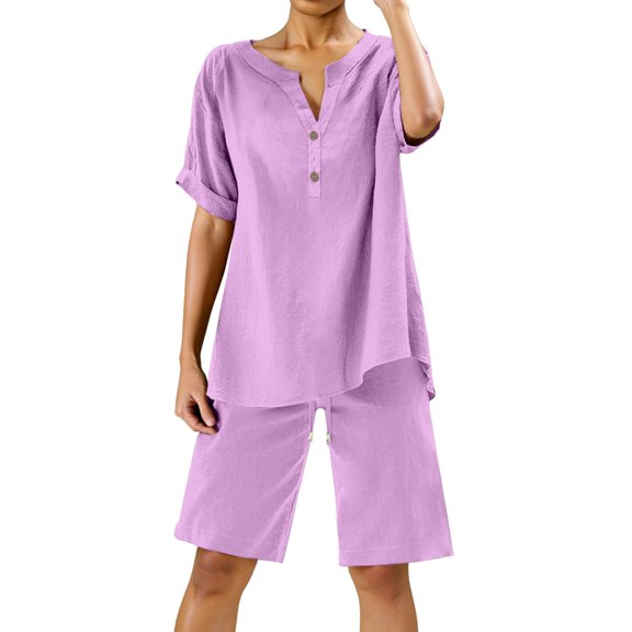 Casual Shorts for Women, Running Shorts for Women,Women's Linen Shorts Suit Summer Casual Two Piece Set Trendy Button Down Shirt Comfy Resort Wear Loose Fit V Neck Blouse