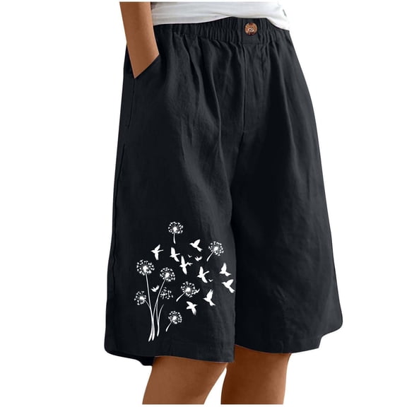 Casual Shorts for Women Trendy New Vacation Shorts for Women Boho Loose Fitted Floral Print Half Pant with Pockets Casual Beach Elastic Waist Short Pants Black M