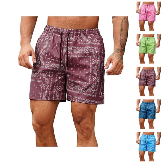 Casual Shorts for Men 2026 Summer Lightweight Elastic Waist Relaxed Fit Paisley Print Beach Shorts with Pockets