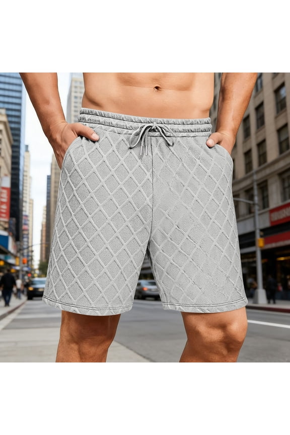 Casual Shorts for Men Straight Leg Drawstring Sweatshorts Diamond Textured Breathable Knit Bottoms with Side Pockets Daily Loungewear