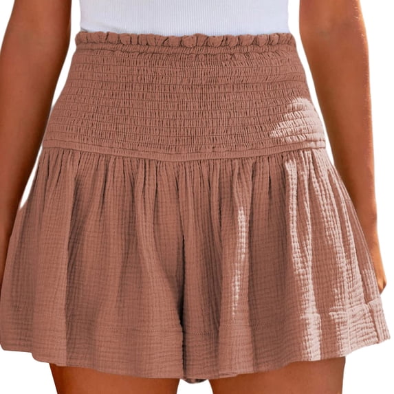 Casual Shorts for Women Cotton High Elastic Waisted Pleated Ruffle Cute Beach Flowy Summer Shorts