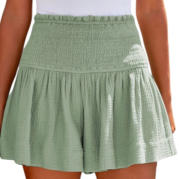 Casual Shorts for Women Cotton High Elastic Waisted Pleated Ruffle Cute Beach Flowy Summer Shorts
