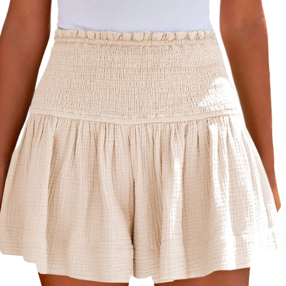 Casual Shorts for Women Cotton High Elastic Waisted Pleated Ruffle Cute Beach Flowy Summer Shorts
