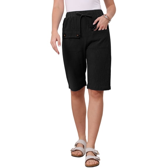Casual Shorts for Women Elastic Waist Drawstring Keen Length Summer Comfy Shorts with Pockets XS Black