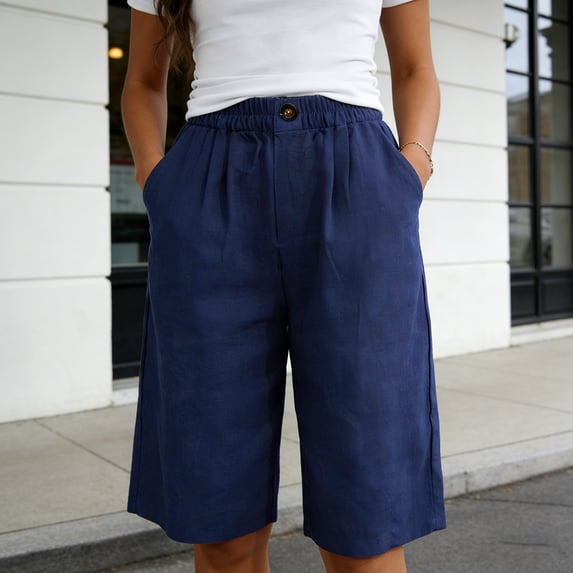 Casual Shorts for Women High Waist Loose Summer Bermuda Pants with Button Comfortable Solid Color Womens Shorts Navy L