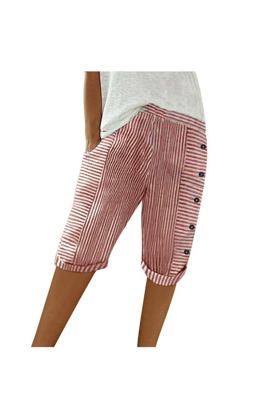 Casual Shorts for Women Pack Cotton Active Shorts for Women Summer Woven Striped Patchwork Button Loose Cotton Linen Casual Capris