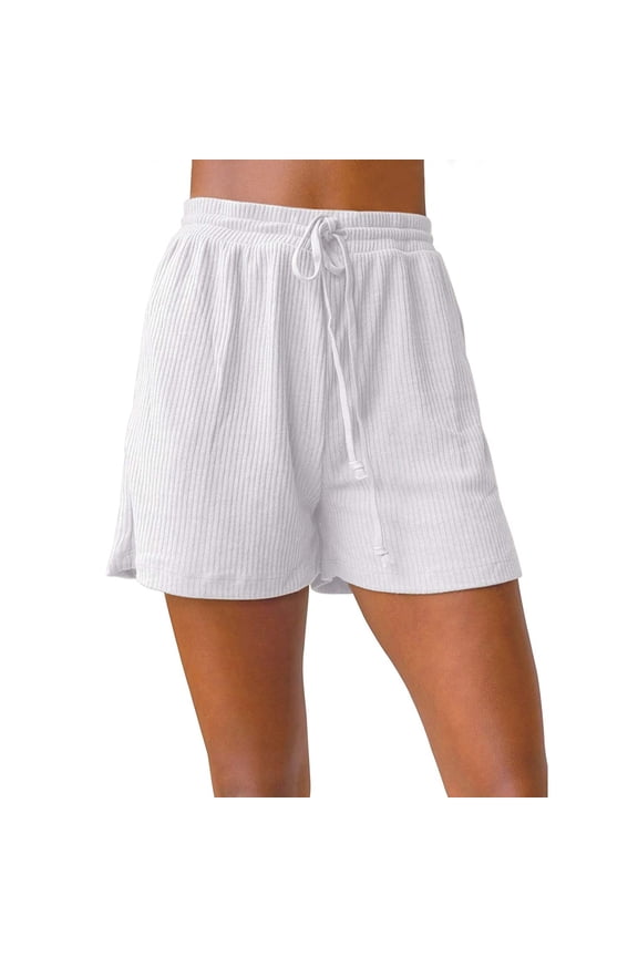 Casual Shorts for Women Summer Ribbed Knit Elastic Drawstring Waist Beach Pockets Pants