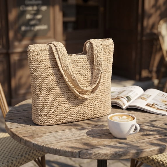 Casual Shoulder Woven Bag, Handmade Crochet Straw Tote, Large Capacity Beach Bag for Summer Daily