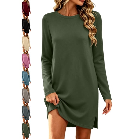 Casual Side Slit Sweatshirt Dresses for Women Crewneck Pullover Long Sleeve Oversized Loose Fit Dress