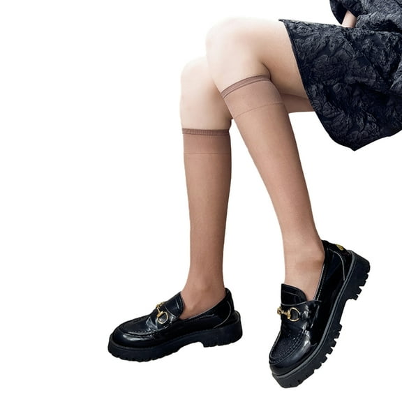 Casual SilkThin Over Calf Socks for Women Student JapaneseSolid Color Sheer Knee Length Stockings