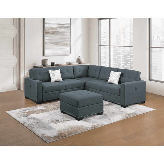 Casual Simple Tufted 4pc Sectional Sofa Set in Dark Gray Fabric with RAF/LAF One-Arm Loveseat & Ottoman for Living Room