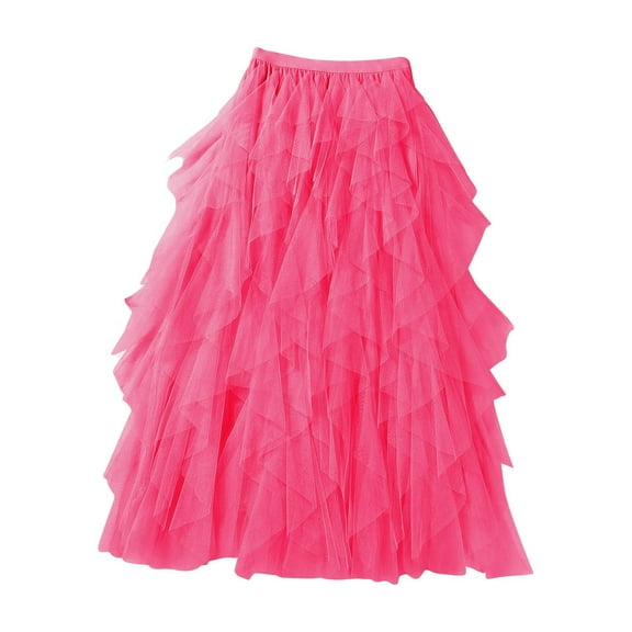 Casual Skirts Women Ladies Maxi Bubble Elastic Waist Aline Long Puff Ruffle Hem Balloon High Waisted Skirt Pink L
