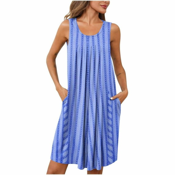 Casual Sleepwear New Tank Dresses for Women Nightgowns Cotton Sleeveless Pleated Camis Dress with Pockets Sleep Dress Comfy Beach Coverup Blue S