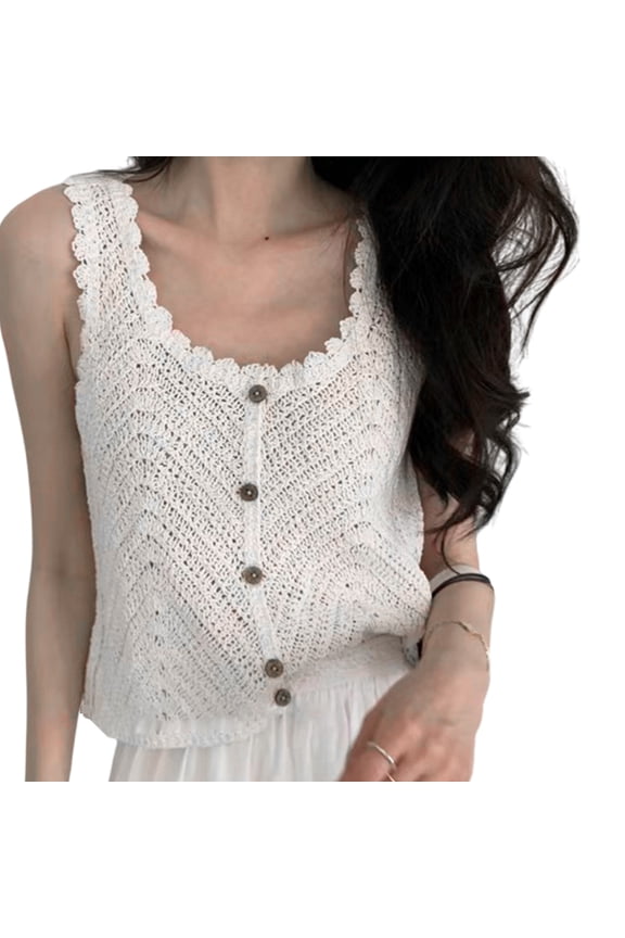 Casual Sleeveless Cotton Vest For Women Fashionable Crochet Knit Scalloped Trim Tanks Top Lightweight Sweater Crop Top