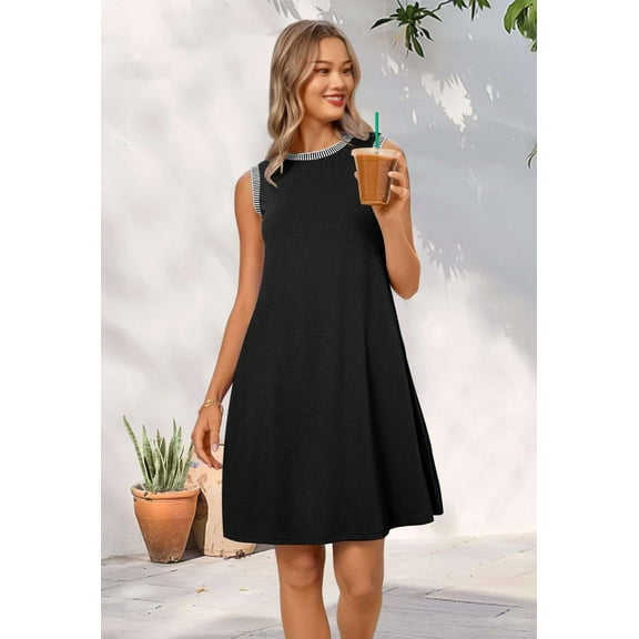 Casual Sleeveless Dress with Striped Trim (M, Black)