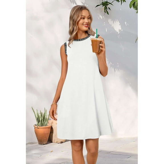 Casual Sleeveless Dress with Striped Trim (M, White)